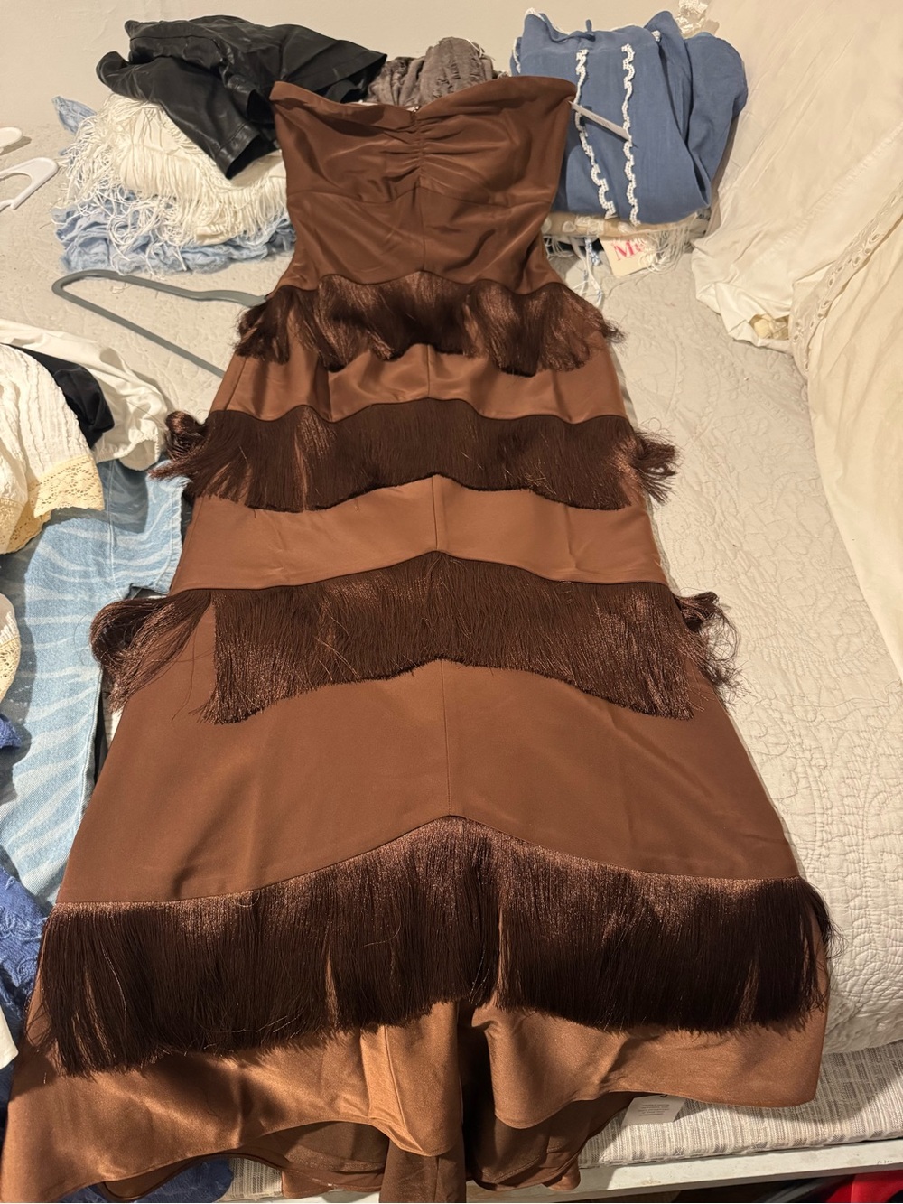 House of Harlow 1960 Strapless Brown Fringe Cocktail Dress